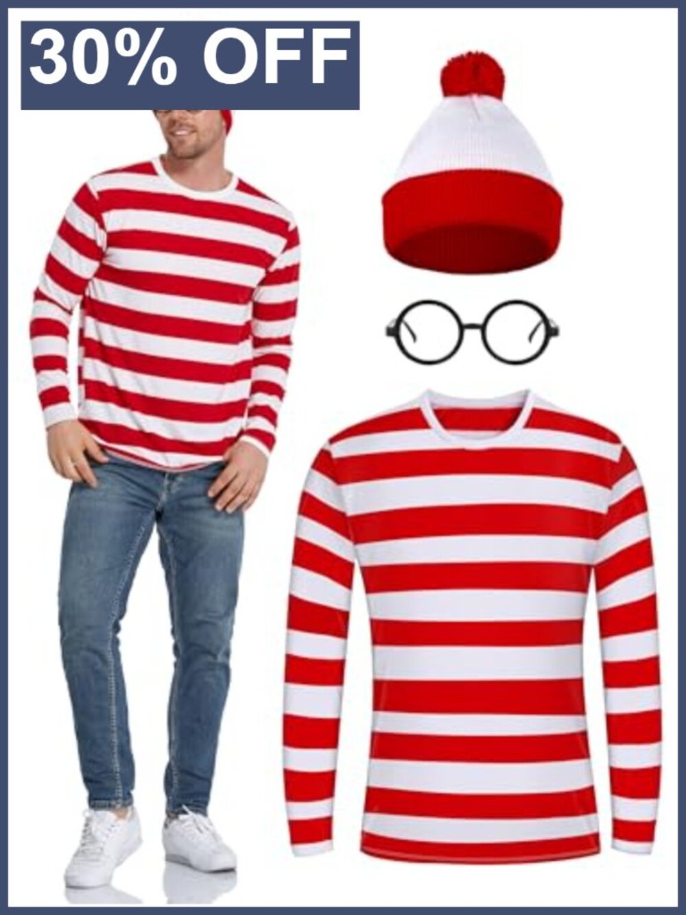 Men's Halloween Costume Set Striped Long Sleeve Tee Beanie Glasses Nerd Cosplay